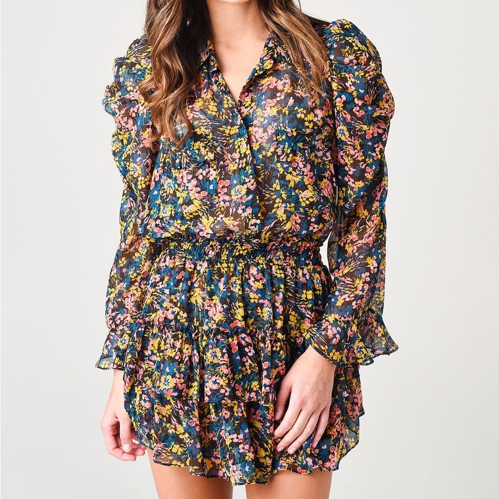 Misa Los Angeles Navy Floral Long Sleeve Ruffle Dress